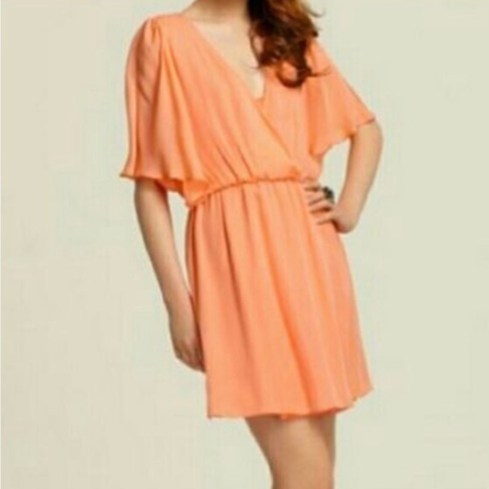Alice + Olivia Silk Peach Casey Dolman V Neck Wrap Mini Dress Sz. S